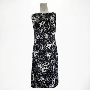 American Living Boat neck cap sleeve side ruche Black White Floral Dress